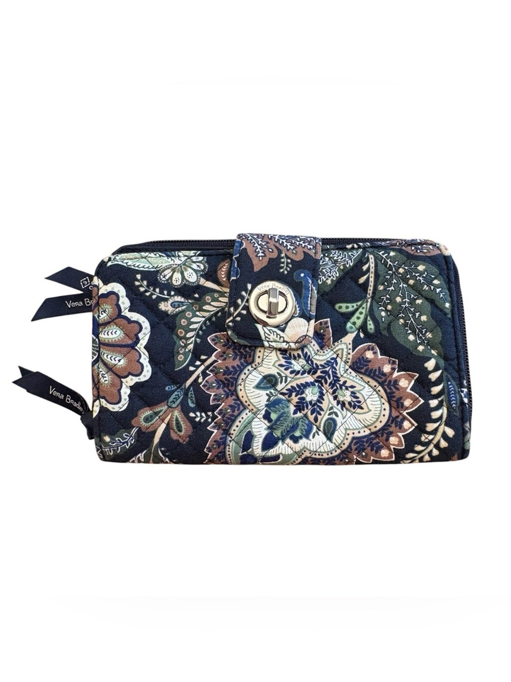 Vera Bradley Recycled Cotton RFID Turnlock Floral Quilted Wallet Java Navy Camo
